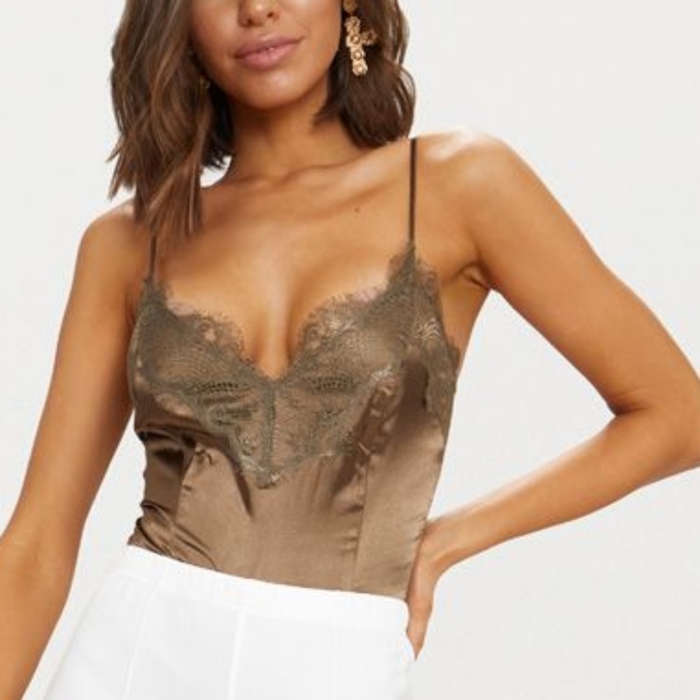 Khaki eyelash lace trim thong bodysuit